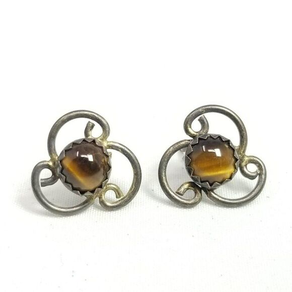 Vintage Tigers Eye Cabochon Stud Earrings, Spiral Swirl Celtic Design, Estate - Picture 1 of 6